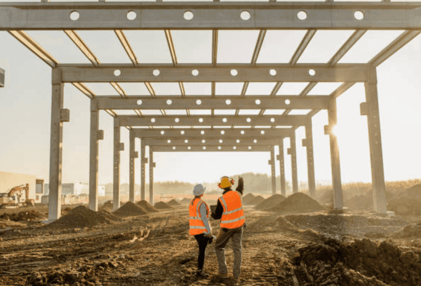 Team reviewing blueprints on a construction site at sunset - assessing the business situation and finance requirements